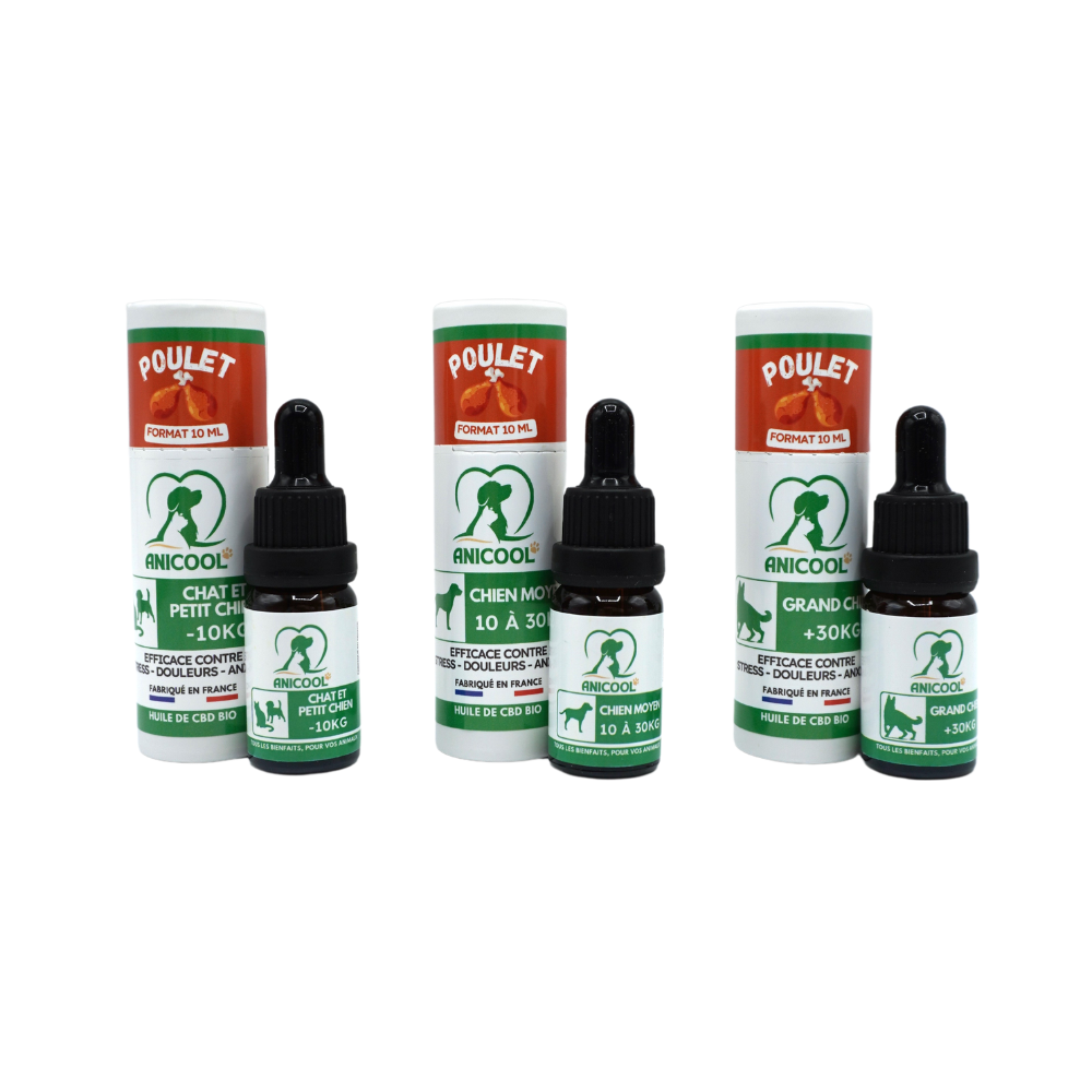 Huile de chanvre ANICOOL pour animaux Spectre Large 1,5% - Saveur poulet 10 ml