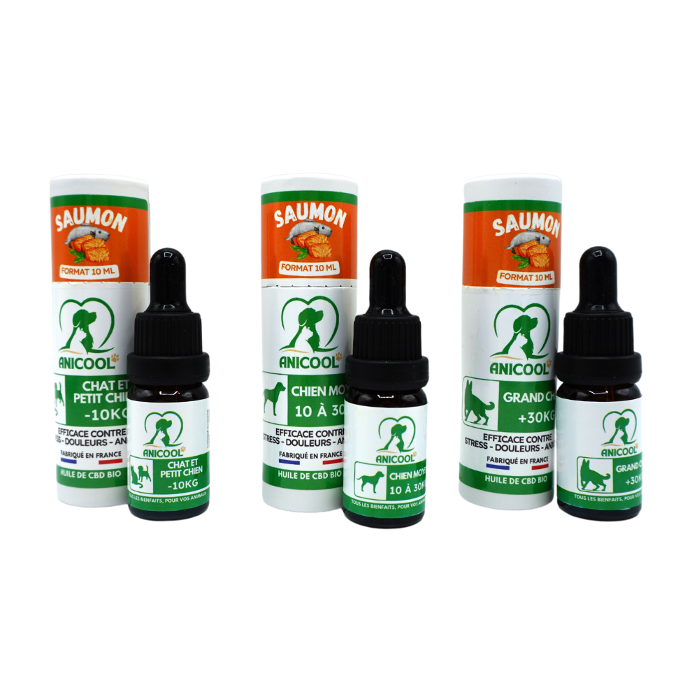 Huile de chanvre ANICOOL pour animaux Spectre Large 5% - Saveur saumon 10 ml